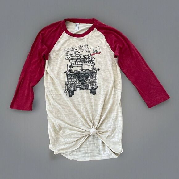 Techstyles Santa Cruz Womens 3/4 Sleeve VW Bus Raglan Surfer Knot Red T-Shirt - Picture 1 of 7